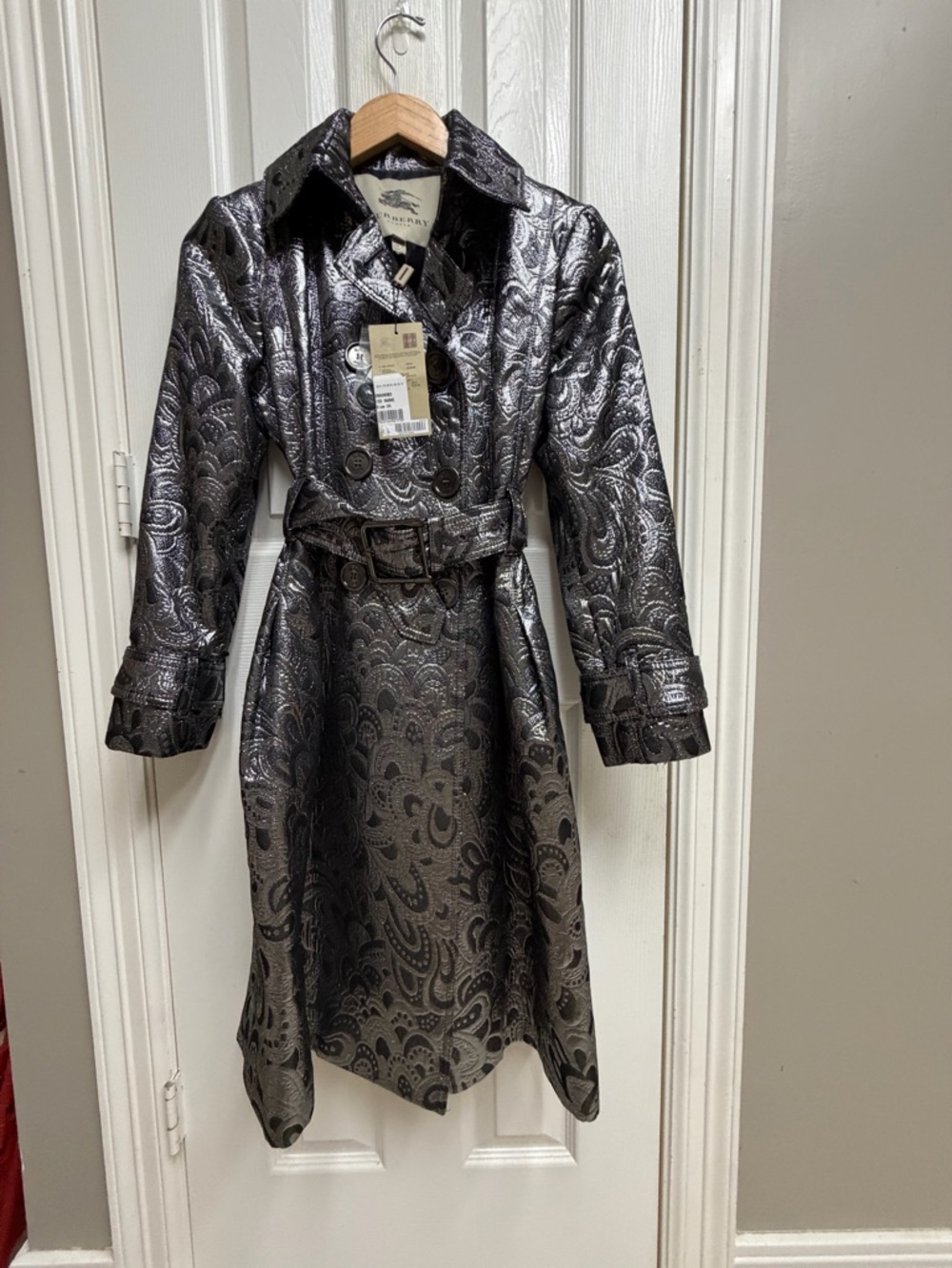 Metallic Paisley Trench Coat - Silver Black